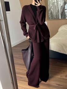 DAZY Women's Casual Solid Color Belted Cardigan And Pants 2 Pieces Knit Set, Autumn - Coffee Brown - View 6