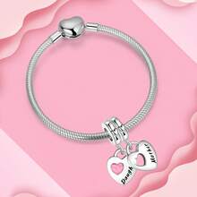 銀鍍鑄造女兒母親雙心粉色吊墜球,適用於手鍊diy女士珠寶