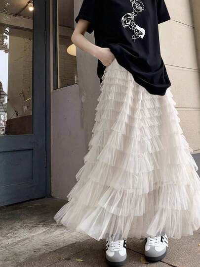 高腰A字形薄纱蛋糕裙，设计风格迷人中长薄纱裙，甜美仙女裙