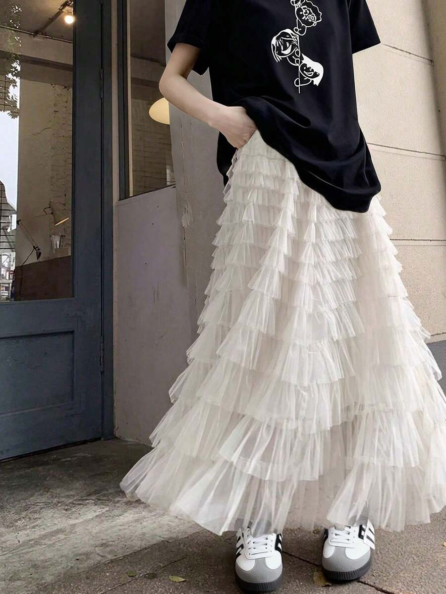 高腰A字形薄纱蛋糕裙，设计风格迷人中长薄纱裙，甜美仙女裙 - 白色 - 查看 1