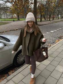 Áo khoác len pha trộn đa năng màu kaki trơn, túi cài nút phía trước dành cho nữ, có túi, thanh lịch và đa năng, phù hợp để mặc hàng ngày và dạo phố thời trang vào mùa thu/đông, công sở, thường ngày và mặc ở trường học - xanh quân đội - Xem 5