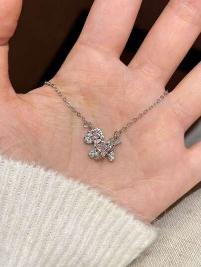 1pc Fashionable Pink Rhinestone Pony Decor Pendant Necklace, Suitable For Women's Daily Wear