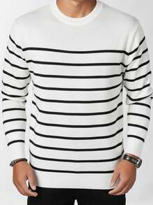 Men's Striped Crew Neck Black And White Knit Sweater, Long Sleeve