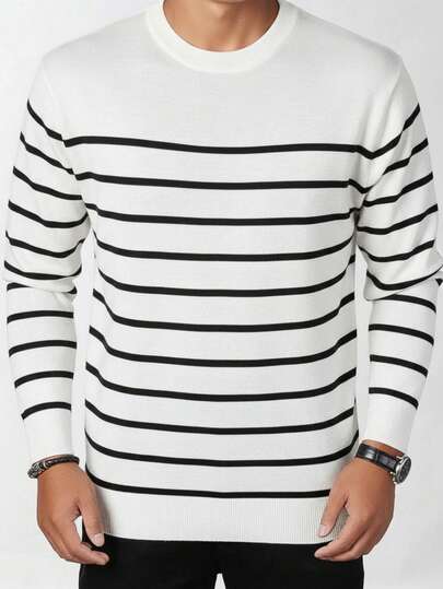 Striped Crew Neck Men's Loose Fit Lightweight Black & White Knit Sweater