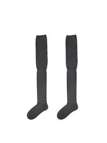 2 đôi tất dài đến đùi dành cho nữ, kiểu xếp lớp, tất trắng cao đến đầu gối, tất màu trơn, thích hợp để phối cùng bốt. - Nhiều màu - Xem 5