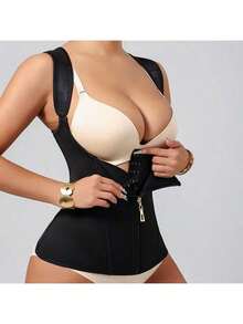 Corset modelator pentru femei | Bretele reglabile pentru umeri și suport cu țesătură osoasă | Lenjerie modelatoare cu compresie dublă, închidere cu fermoar | Material latex neted, negru, la modă | Vestă modelatoare pentru abdomen, îmbunătățește silueta și talia, articol vestimentar modelator | Etanșare sigură cu fermoar | Lenjerie modelatoare abdominală - Negru - Vizualizare 8