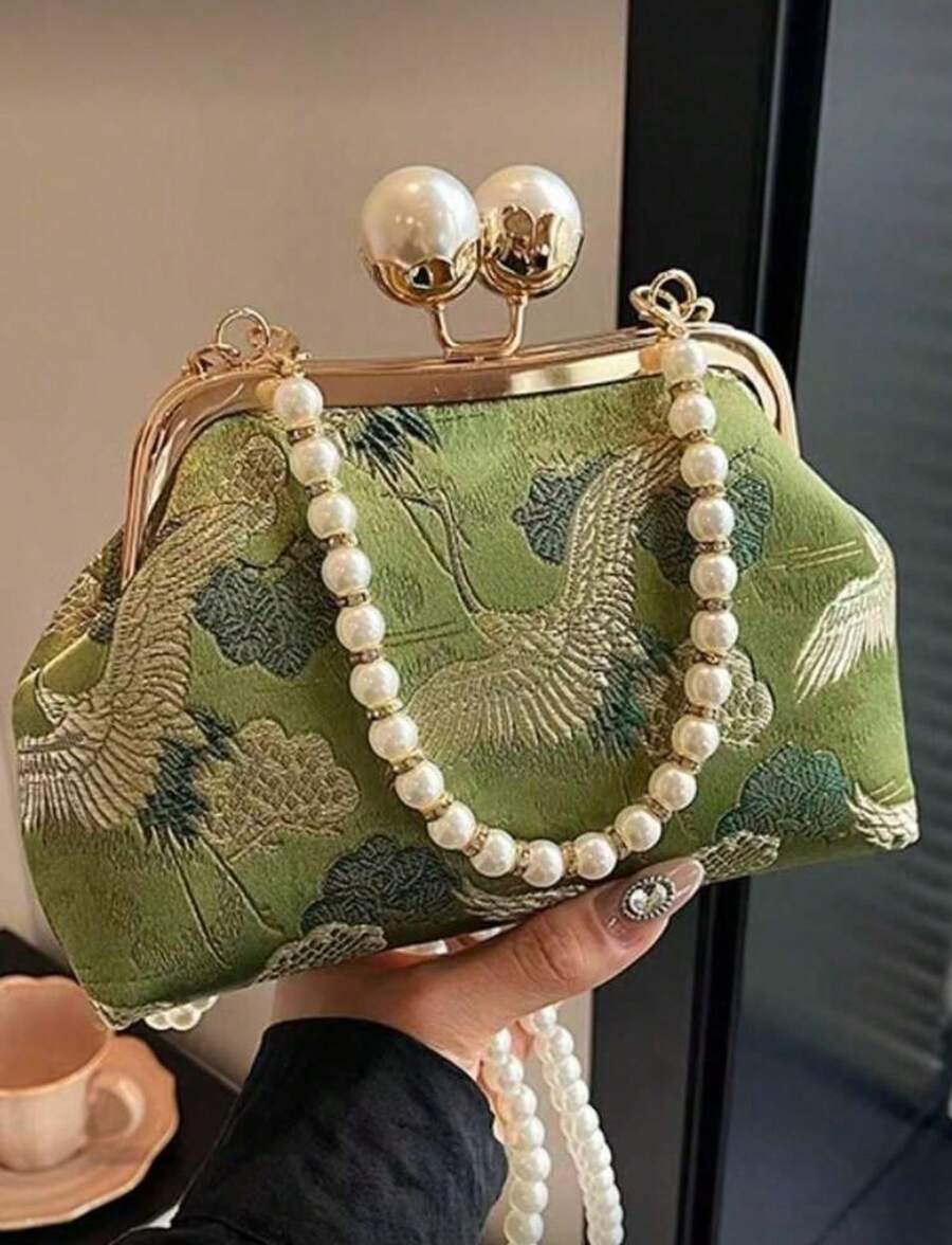 New Retro Green Fabric Faux Pearl Chain Clutch Bag, Women Versatile Shoulder Handbag For Party And Daily Use, Elegant Pearl Bag - Green - View 1
