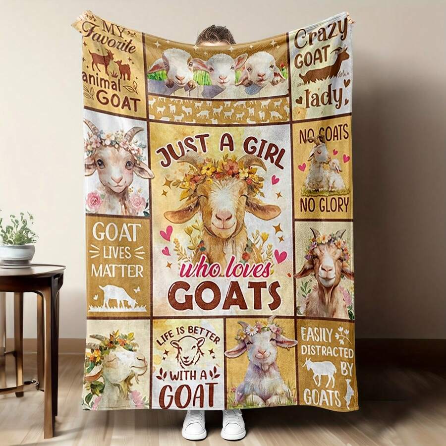 1pc Women's Goat-Themed Flannel Blanket - Goat Lady Design With Goat Phrases & Baa Baa Sheep (Goat) Rhyme Pattern, Soft Warm All-Season Bedspread Or Couch Throw, Goat Lover Gift For Girls & SThe Multi-Functional Blanket Is Suitable For Use On Sofas And Beds, In Living Rooms, Bedrooms, Campsites, And During Short Breaks At Work.It Makes An Ideal Gift For Friends, Family Members, Fathers, Mothers, Classmates, And Grandparents.It Can Also Be Used As A Decoration On Valentine's Day, New Year's Day, And Other Festivals.-280gsm - 彩色 - 查看 1