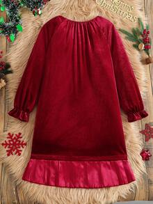 Girls' Elegant Vintage Chic Minimalist Fashion Ruffle Sleeve Long Sleeve Satin Bow Elastic Neck Convertible Off Shoulder/Round Neck Ruffle Hem Velvet Dress, Suitable For Christmas, Halloween, Holiday Parties, Spring & Autumn - Red - View 2