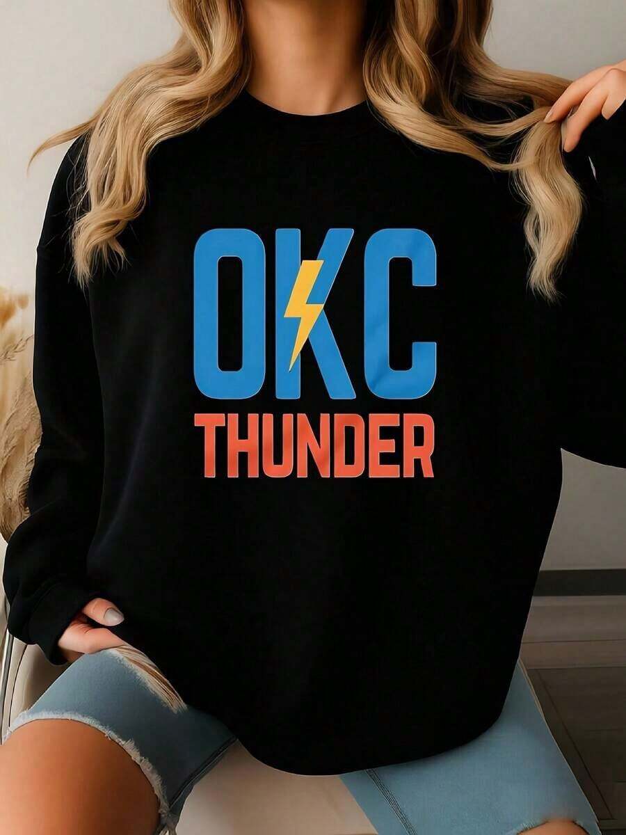 VPRNT Okc Thunder Adult Sweatshirt Sweatshirt, Cozy Fall & Winter Styles Long Sleeve Tops - Unisex Women's & Men's Campus Daily Wear - 黑色 - 查看 1