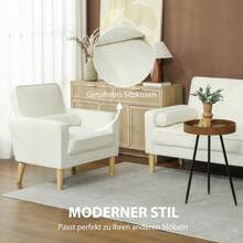 HOMCOM Armchair With Armrests, Reclining Backrest, Rubberwood Legs, Cream White Color