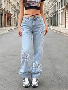 欧美休闲街头风星形贴布女士直筒牛仔裤 春季款 - 中等水洗藍 - 查看 3