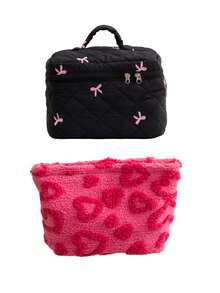 This Cute Large-Capacity Cosmetic Bag Features An Embroidered Bow, Serving As Both A Portable Travel Organizer And A Toiletry Bag, Perfect For Storing Makeup, Skincare Products, Toiletries, And Makeup Brushes. It Is An Ideal Choice For Autumn, Winter, And The Christmas Season.,Pouch,Makeup Pouch,Travel Essential - Multicolor - View 20