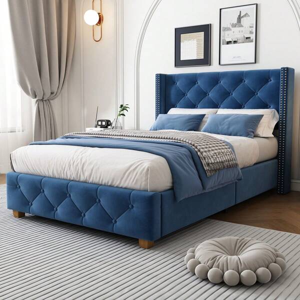 Upholstered Bed 90*200cm With Lattice Frame And Headboard, Button Upholstery, Nailhead Upholstery, Wooden Legs, Velvet, Grey (OLD SKU:3099934AAG)
