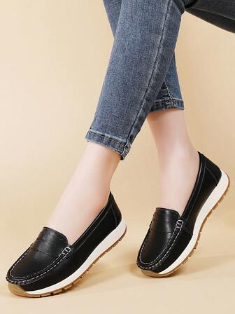Women's Slip-On Loafers, Fashionable Solid Color Casual Slip-On Shoes