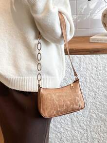 Bolso de hombro y axila en forma de media luna con estampado minimalista de piel de serpiente de moda - Marrón - Ver 3