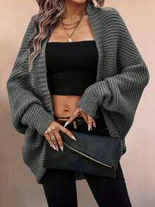 Áo khoác cardigan nữ kiểu dáng thanh lịch, chất liệu móc len, màu trơn, tay cánh dơi, thích hợp mặc hàng ngày và trong các dịp lễ hội, mùa đông. - Màu xám đen - Xem 8
