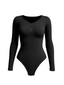1pc Women Shapewear Long Sleeve Bodysuit With Waist Trainer And Breast Lift - Black - View 2