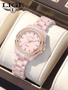 LIGE Fashion Women's Watch Waterproof Quartz Watch Ceramic Strap Luminous Dial Daily Wear Watch - Black - View 2