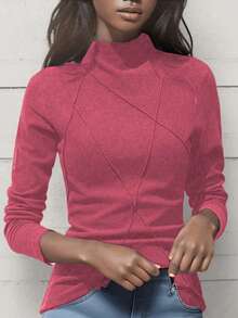 Women's Semi-High Neck Thermal Lined Base Layer Top, Autumn/Winter Patchwork Fishbone Line Design - Coral Pink - View 2