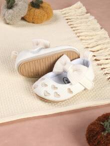 Autumn New Princess Shoes With Bow & Heart Print, Sweet Style Flat Party Shoes For Infant Girl 1st Birthday/Toddler - White - View 3