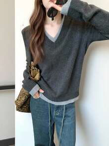 Alicedudu 女士秋冬 V 领套头毛衣，简约设计，二合一造型 - 深灰色 - 查看 5