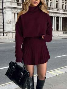 2026新款纯色休闲优雅商务办公居家外出约会返校长袖高领毛衣针织裙两件套，女士两件套，春季穿搭，女士音乐节穿搭，女士情人节穿搭，女士度假穿搭，女士生日穿搭，夏季假日穿搭，派对礼服，女士节日穿搭，Y2K风格，女士沙滩穿搭 - 暗紅色 - 查看 5