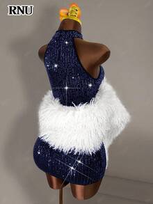 RNU Đầm ôm sát hở lưng màu xanh hải quân đính sequin, lãng mạn, gợi cảm, không tay, thích hợp cho hẹn hò, tiệc tùng, hộp đêm, dạo phố, lễ hội, Ngày Valentine, Năm mới, sinh nhật, Xuân/Hè/Thu/Đông, trang phục nữ mùa thu, khách dự đám cưới, váy ngắn nữ mới. - Màu xanh hải quân - Xem 8