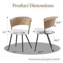 Rattan Dining Chairs Set Of 4,Farmhouse Upholstered Teddy Cushion With PE Cane Round Back Kitchen Chair,Mid Century Modern Dining Room Chair With Black Metal For Kitchen,White - 米色 - 查看 5