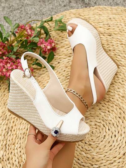 2026 New Fashion Women's One-Buckle Bow Rhinestone Decor Adjustable PU Strap Thick Sole Wedge Heel Classic Sandals