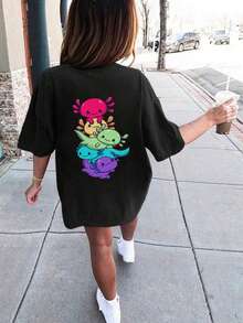 Camiseta de manga corta con cuello redondo y estampado gráfico rosa para niñas preadolescentes y estudiantes, top de verano - Negro - Ver 7