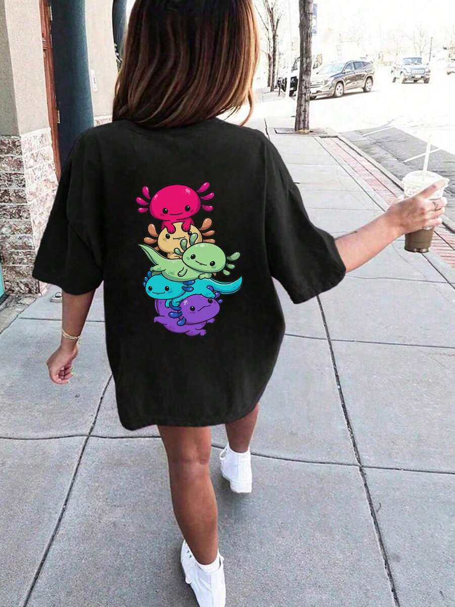 可爱多彩墨西哥钝口螈卡通印花T恤,适合青少年女孩,黑色宽松版型,背面印花,街头风夏季上衣 - 黑色 - 查看 1