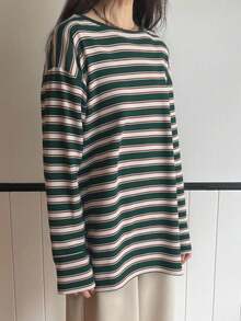 DAZY Áo thun nữ cổ tròn tay dài rộng rãi họa tiết sọc, quần áo mùa thu - màu xanh lá - Xem 7