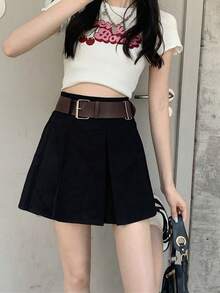 复古学院风短款百褶裙，收腰设计，配腰带 - 黑色 - 查看 3