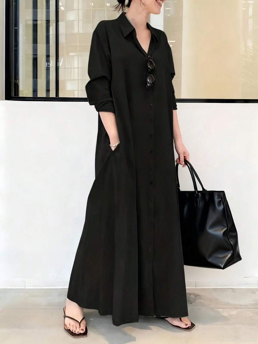 Women's Casual Solid Color Front Button Down Long Shirt Dress, Vacation Wear