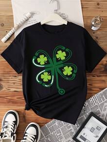 Stethoscope Clover Nurse Shirt St Patrick's Day Medical Theme T-Shirt For Women Green Shamrock Design White Cotton Top - 黑色 - 查看 3
