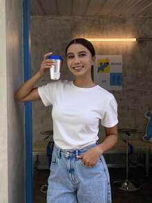 Livesso Solid Round Neck Tee Summer,Business Casual Women - White - View 3