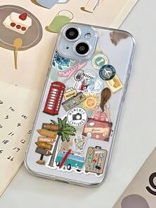 1pc Minimalist Transparent Anti-Fall Full Screen Protective Phone Case With Travel Element, Girl Icon Pattern, Compatible With Apple 16 Pro Max, 15, 14 Plus, 13, 12, 11 - Multicolor - View 2