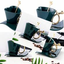 160ml Ceramic Coffee Cup And Saucer Set With Spoon Heart Shaped Special Tea Cups Green - 綠色 - 查看 1