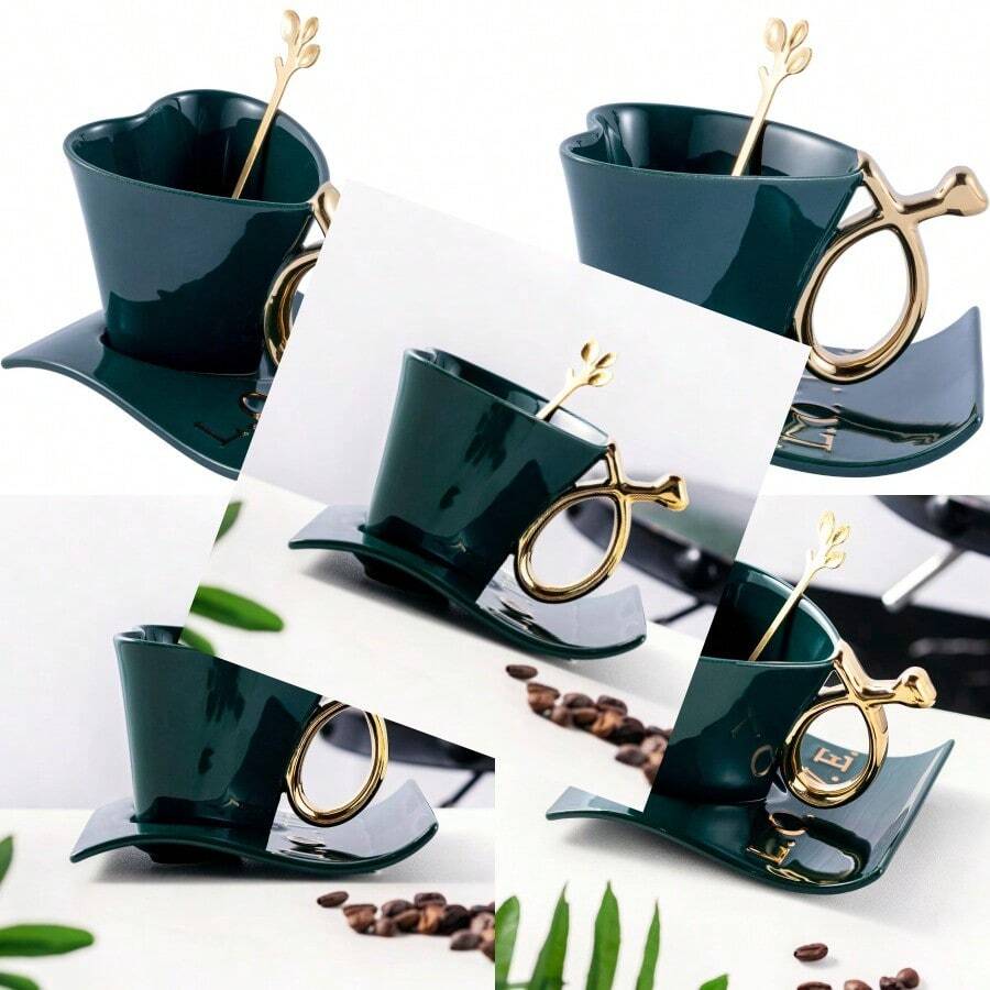 160ml Ceramic Coffee Cup And Saucer Set With Spoon Heart Shaped Special Tea Cups Green - 綠色 - 查看 1