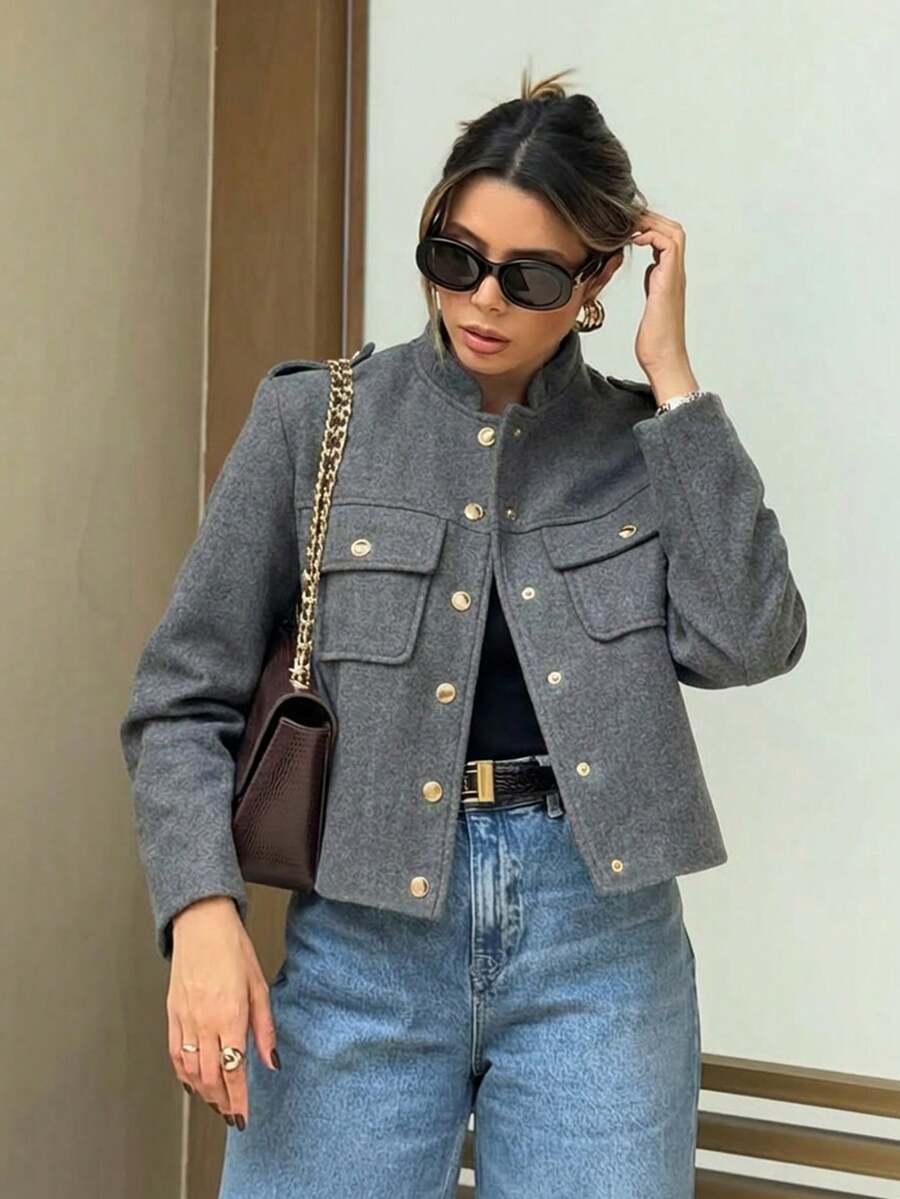 SHIBASHAN 女士复古单排扣灰色长袖外套，带口袋，秋季休闲OL外套 - 灰色 - 查看 1