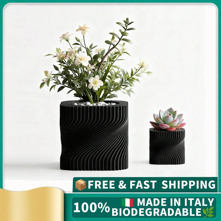 ORIZZONTE Modern Decorative Vase With Intertwined Spiral Structure – Dynamic Minimal Design For Plants, Cactus, Bonsai – Home/Office Gift Idea – Available In 2 Sizes – 100% Made In Italy, Shipping From Italy - 黑色 - 查看 1