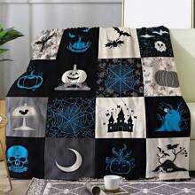 1 Sdoo Gothic Halloween Blanket - Printed With Spooky Bats, Pumpkins, Haunted House And  - Soft Flannel For All Seasons On Bed, Sofa, Travel Or Camping - Retro Multicolor Checkered Design - Gray With Blue Spider Web And Jack-O-Lanterns Lighting: Ideal Gift For Nightmare Before Christmas Fans - 彩色 - 查看 6