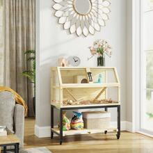 PawHut Dwarf Hamster Cage Made Of Wood, 87 X 43 X 101, Rodent Cage With Shelf, Water Bottle, Hut, Swing, Small Animal Cage With Wheels, Ramps, Natural Wood On Site - 1 - 查看 6
