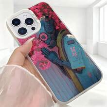 Cubierta de telefono con diseño de robot y flores rosadas azul rosa para mujer elegante uso diario en cafeterias y salones - Blanco - Ver 5