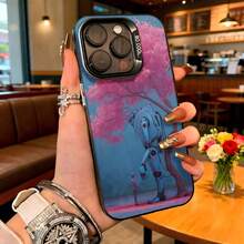 Cubierta de teléfono con diseño de robot bajo árbol de flores rosadas color azul para iPhone uso diario en cafeterías - Negro - Ver 2