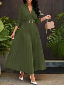 Lightweight Solid Color Pleated Skirt With Belt, Elegant Vintage Dress For Women, Autumn/Winter - Olive Green - View 2
