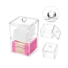 Square Acrylic Cotton Ball Pads Gauze Swab Holder Organizer Q-Tip Dispenser Storage Canister Bathroom Container Flossers Box Case (3.5 X 3.5 X 5.3 Inches, Two Tiers, Transparent),B-Clear - B-Clear - View 4