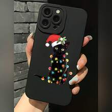 2026 nueva funda de teléfono mate, funda de teléfono diseño de gato navideño con luces y gorro de Santa para iPhone 17 14 13 12 11 Pro Max Se  Galaxy S23 S22 S21 S20 Plus Ultra, regalo de pareja para él y ella, presente de vacaciones - Negro - Ver 1