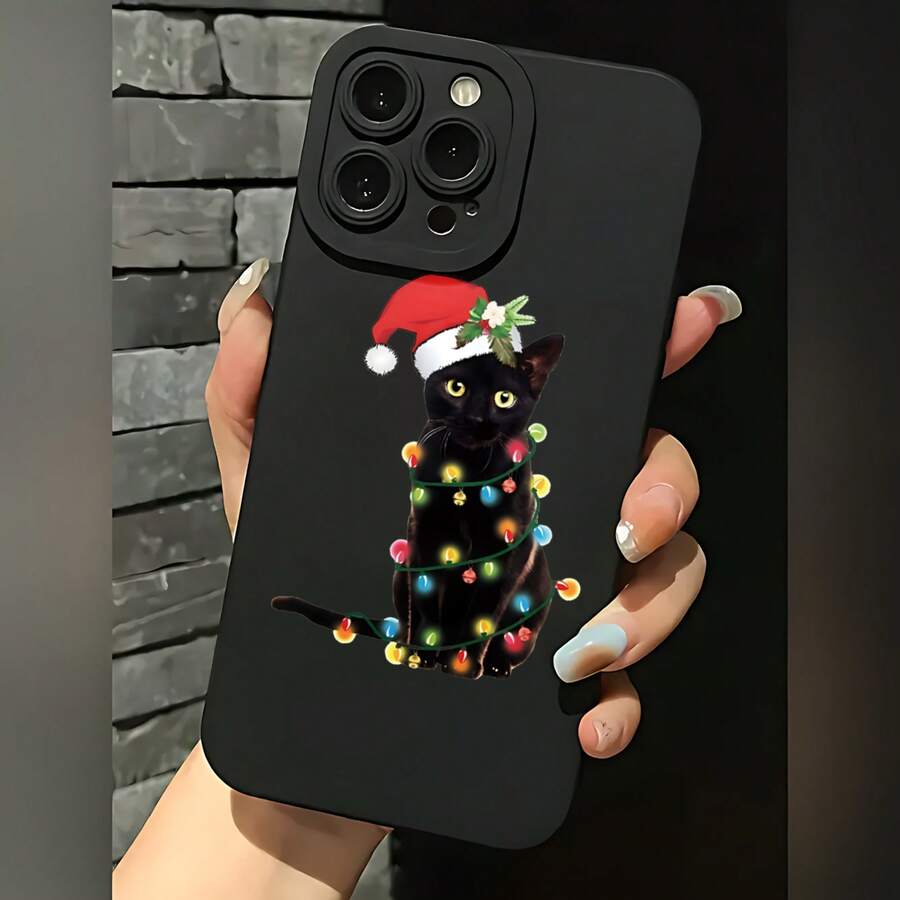 2026 nueva funda de teléfono mate, funda de teléfono diseño de gato navideño con luces y gorro de Santa para iPhone 17 14 13 12 11 Pro Max Se  Galaxy S23 S22 S21 S20 Plus Ultra, regalo de pareja para él y ella, presente de vacaciones - Negro - Ver 1